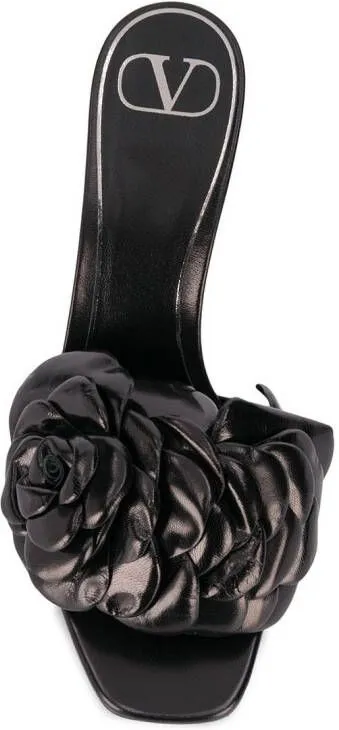 Black Valentino Garavani Floral Appliqué Leather Mules