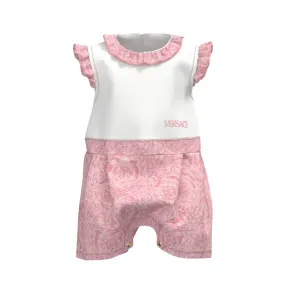 Versace Kids Barocco Rompers in White Pink Poplin with Logo