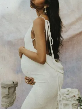 White Backless Draped Maternity Maxi Dress