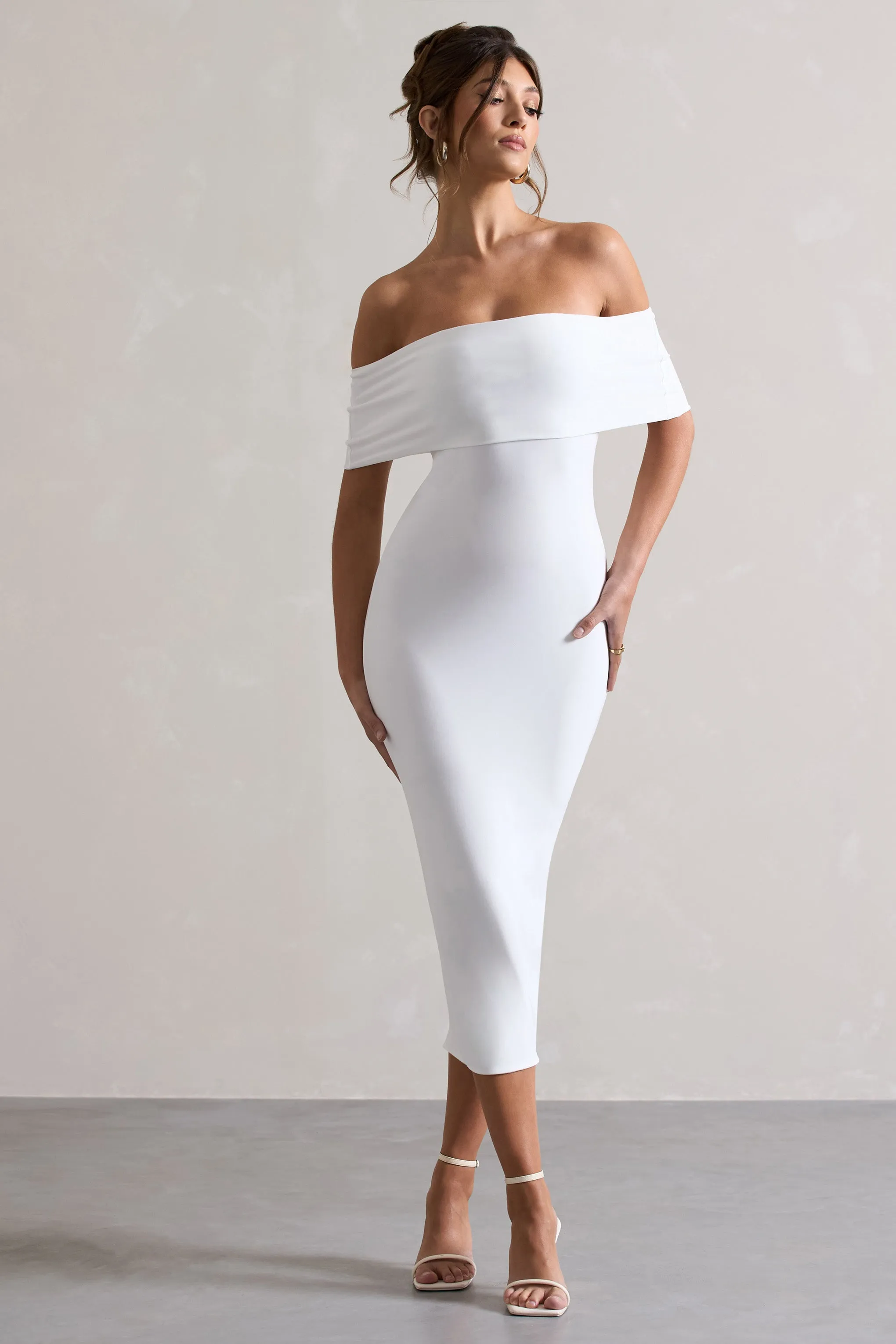 White Bodycon Bardot Midi Dress