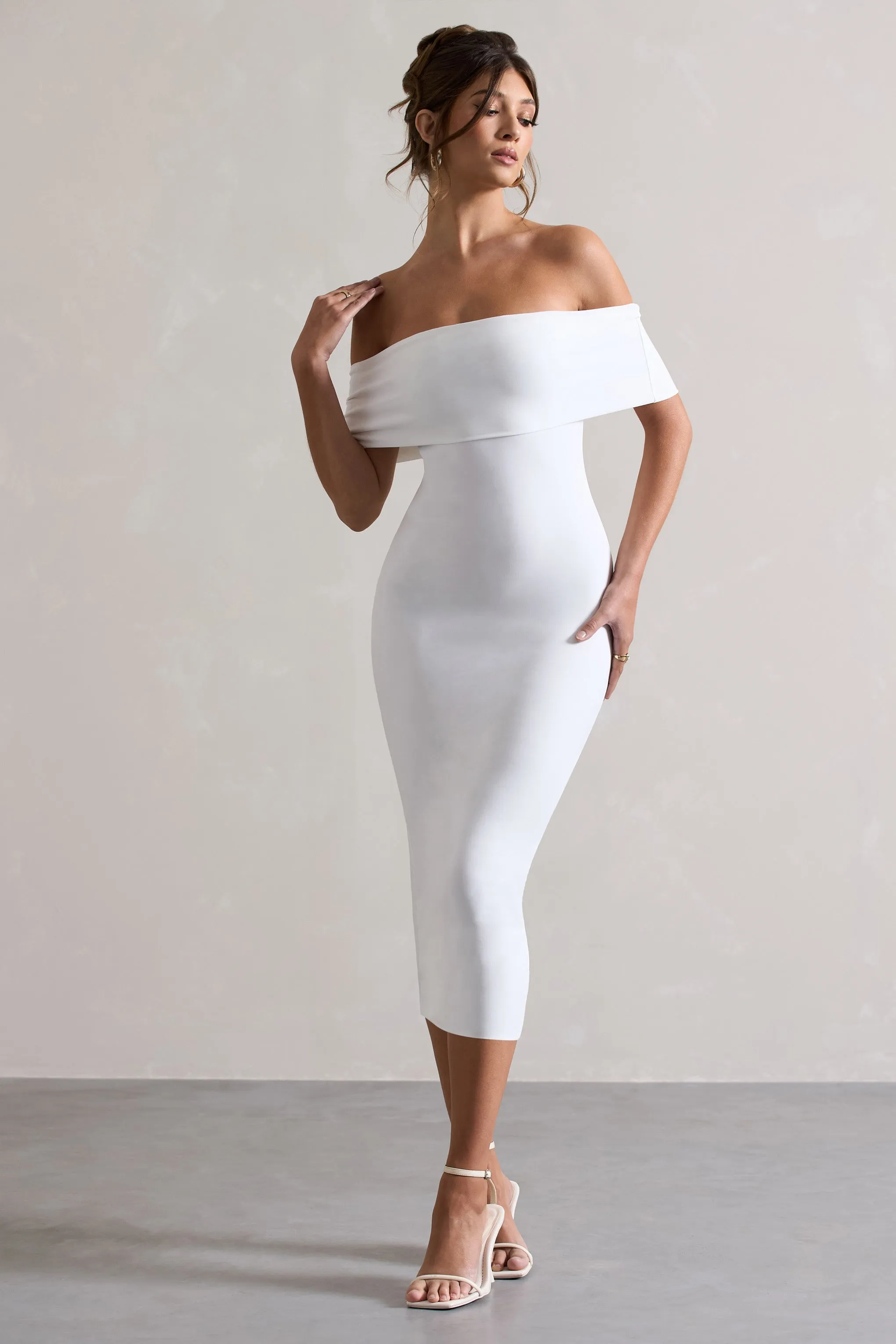 White Bodycon Bardot Midi Dress