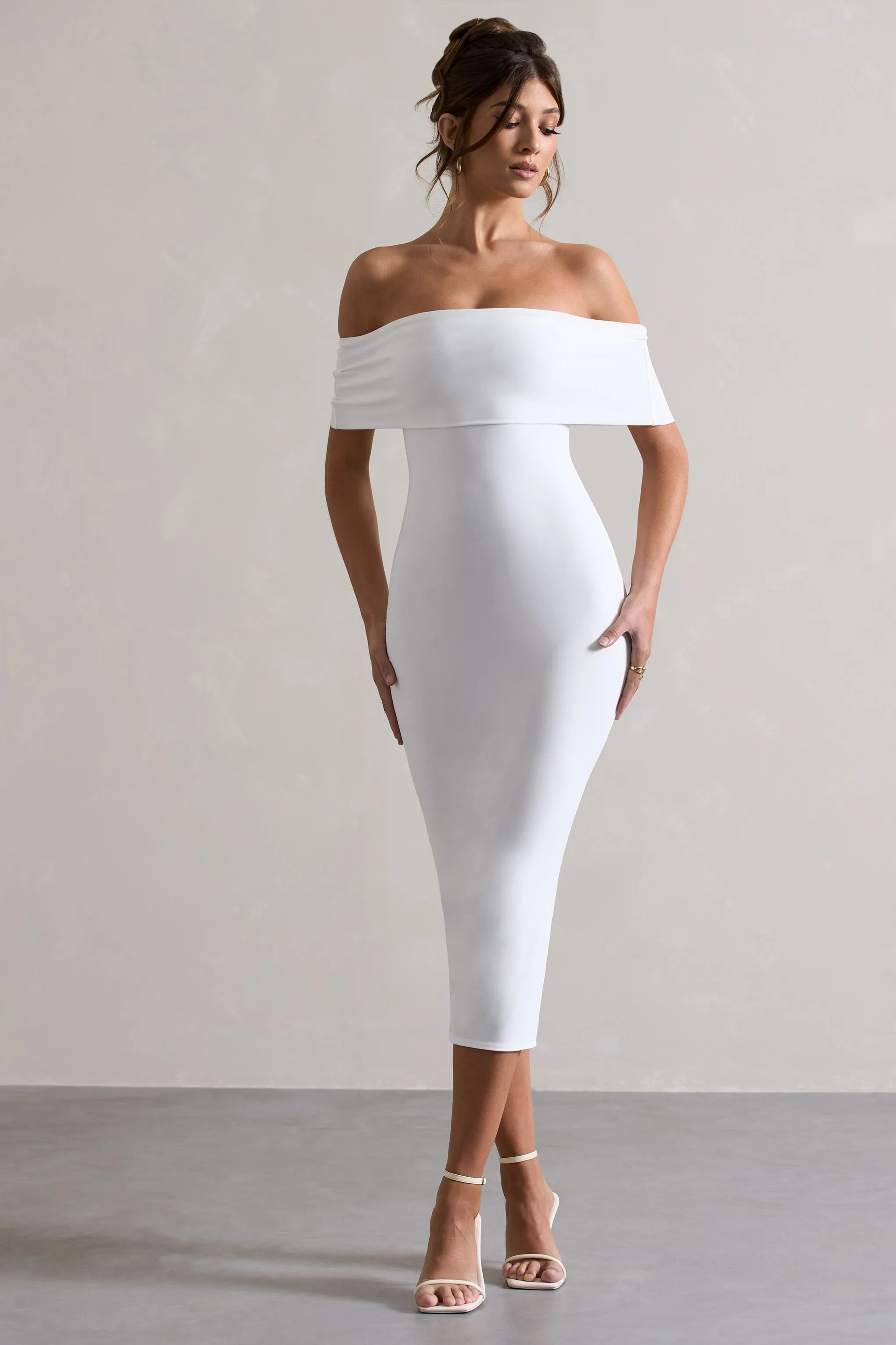 White Bodycon Bardot Midi Dress