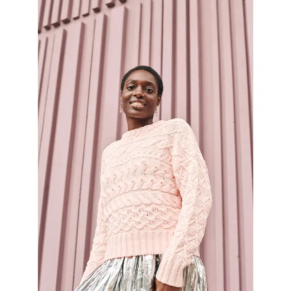 Women's Light Pink Cable Crew Neck Knitwear