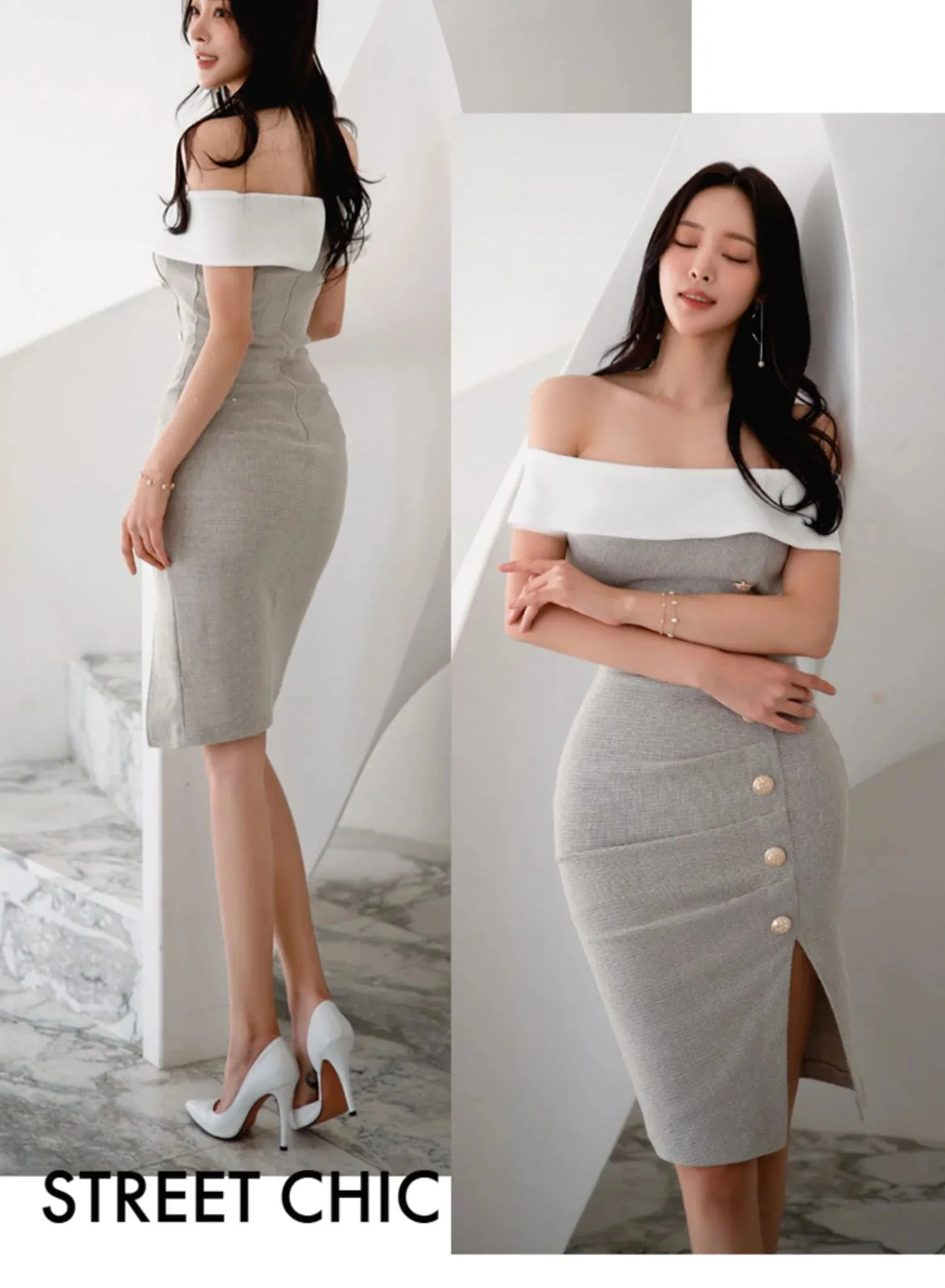 Single Breasted Slash Neck Knee Length Pencil Dress