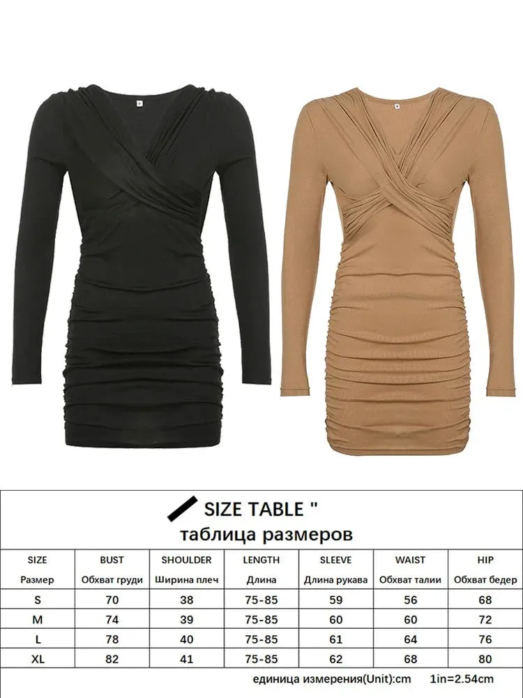 Sexy Solid V Neck Long Sleeve Mini Bodycon Dress