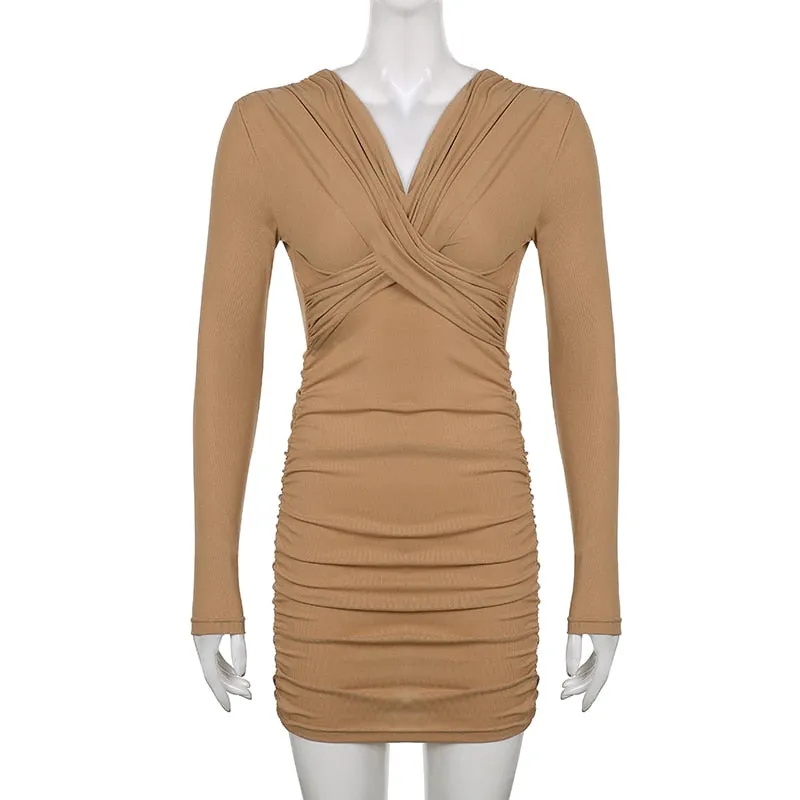 Sexy Solid V Neck Long Sleeve Mini Bodycon Dress