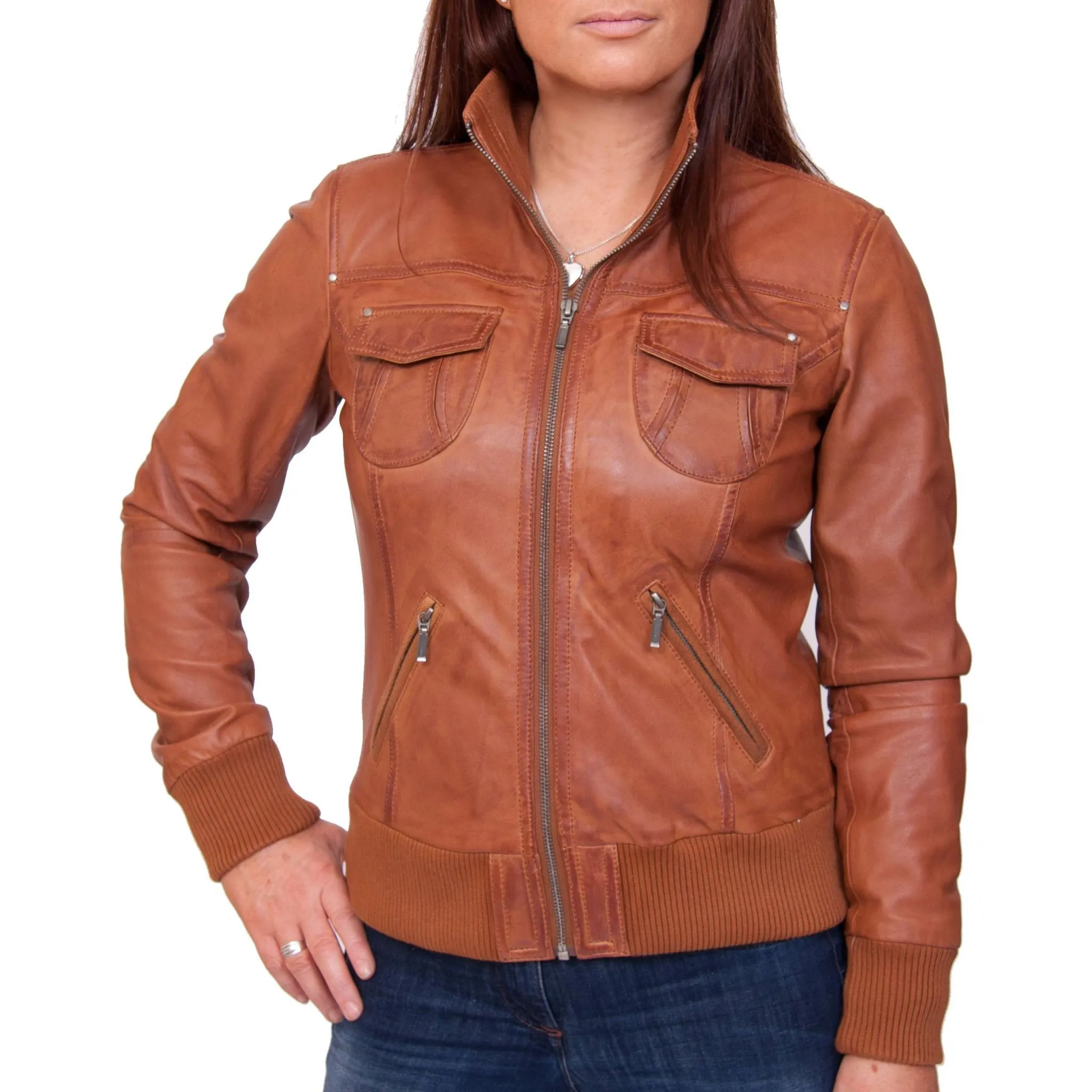 Ladies Tan Leather Bomber Jacket - Harper