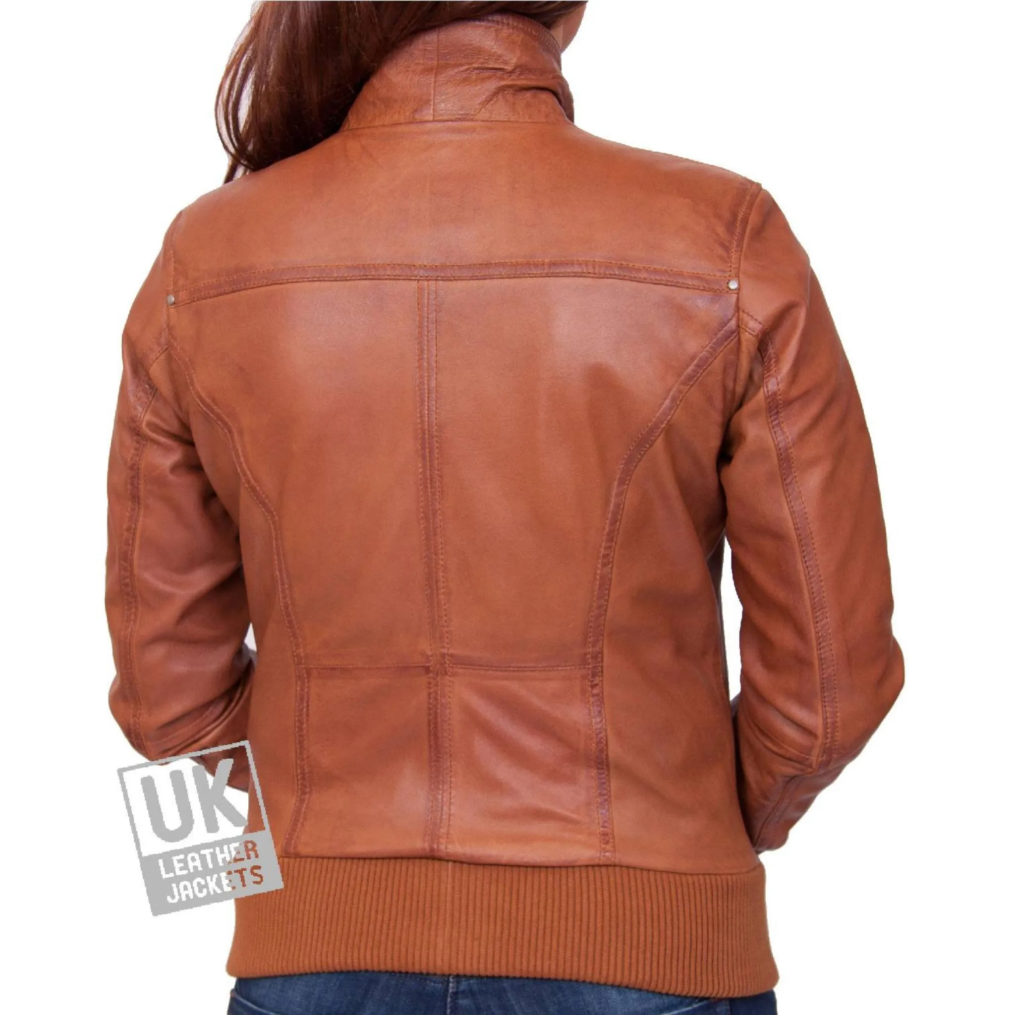 Ladies Tan Leather Bomber Jacket - Harper