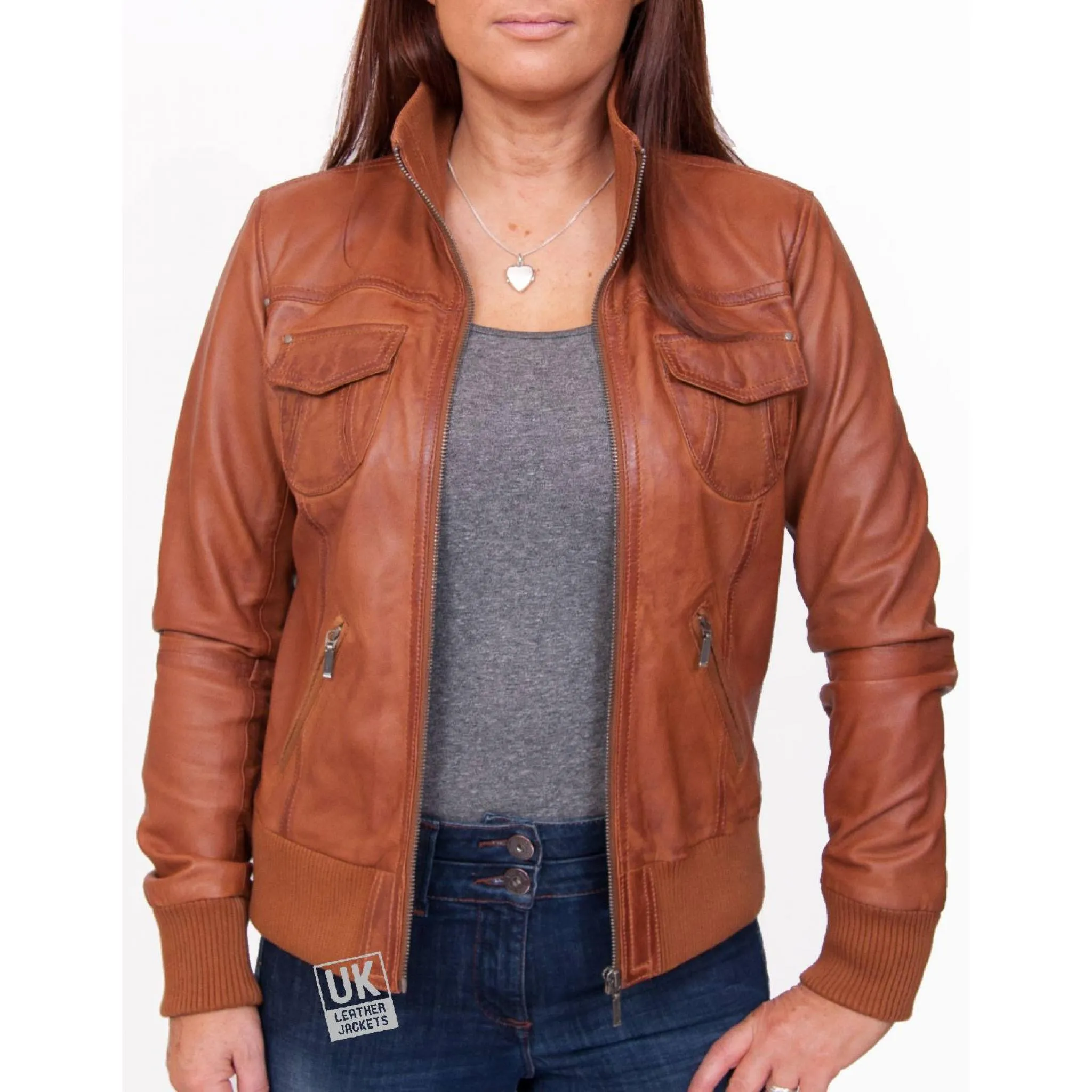 Ladies Tan Leather Bomber Jacket - Harper