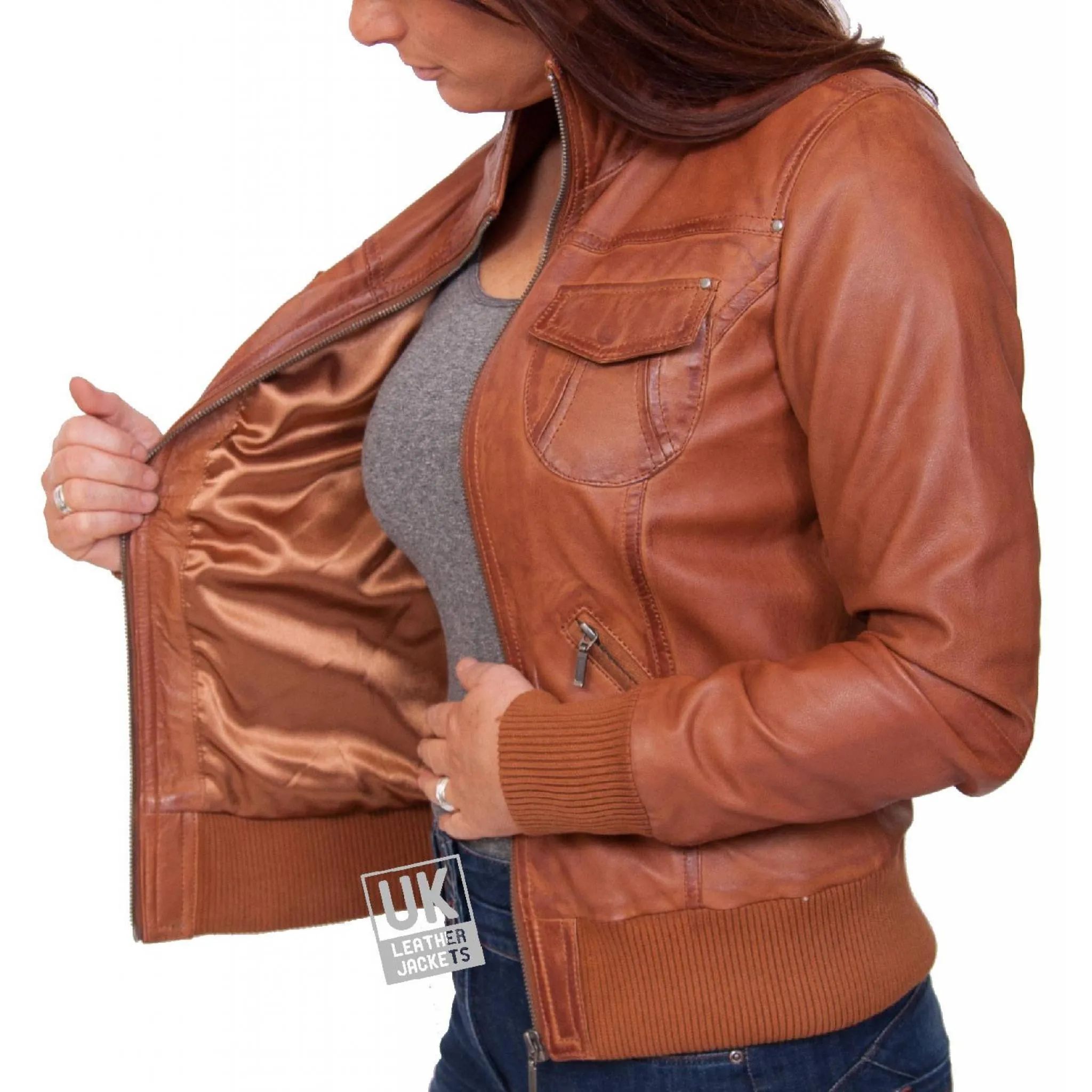 Ladies Tan Leather Bomber Jacket - Harper